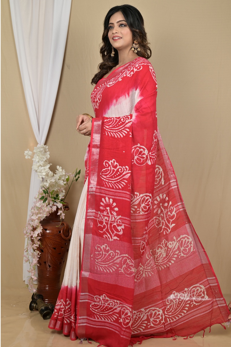 White Pink Pure Cotton Batikato Batik Print Saree (2102)