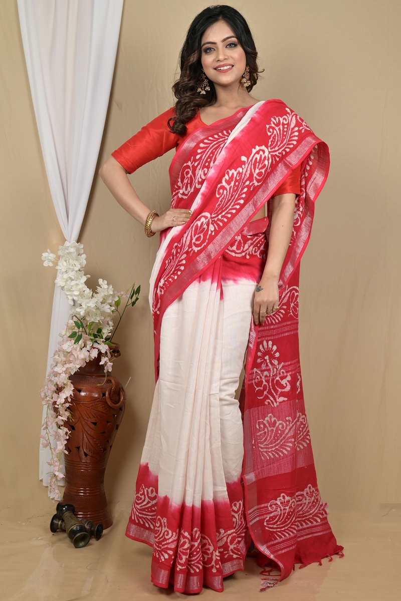 White Pink Pure Cotton Batikato Batik Print Saree (2102)