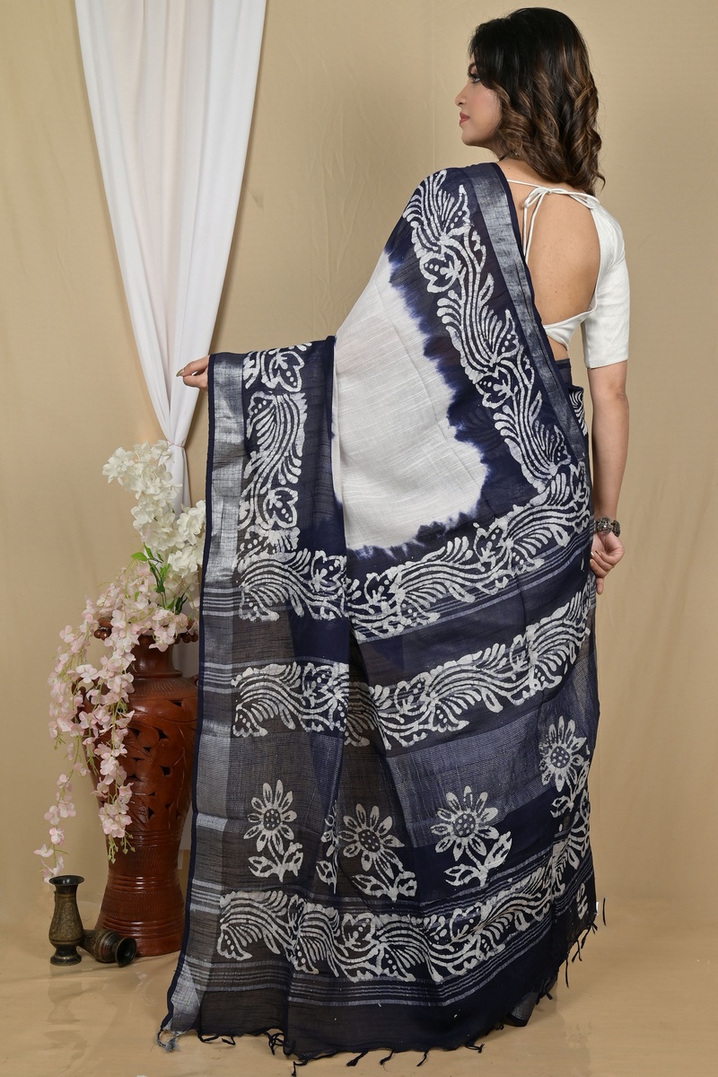 White Blue Pure Cotton Batikato Batik Print Saree (2103)