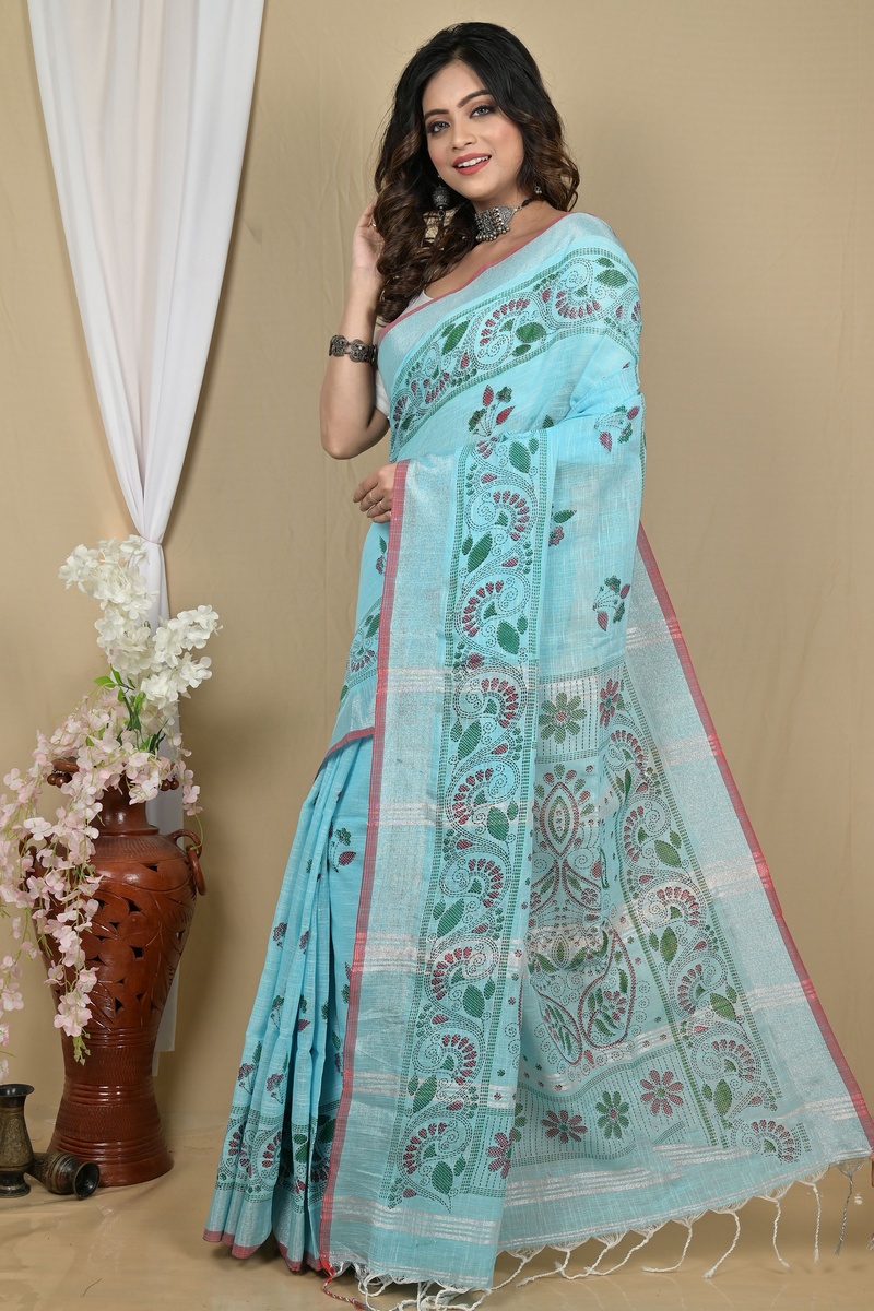 Sky Blue Pure Cotton Hiral Printed Handloom Saree (2118)