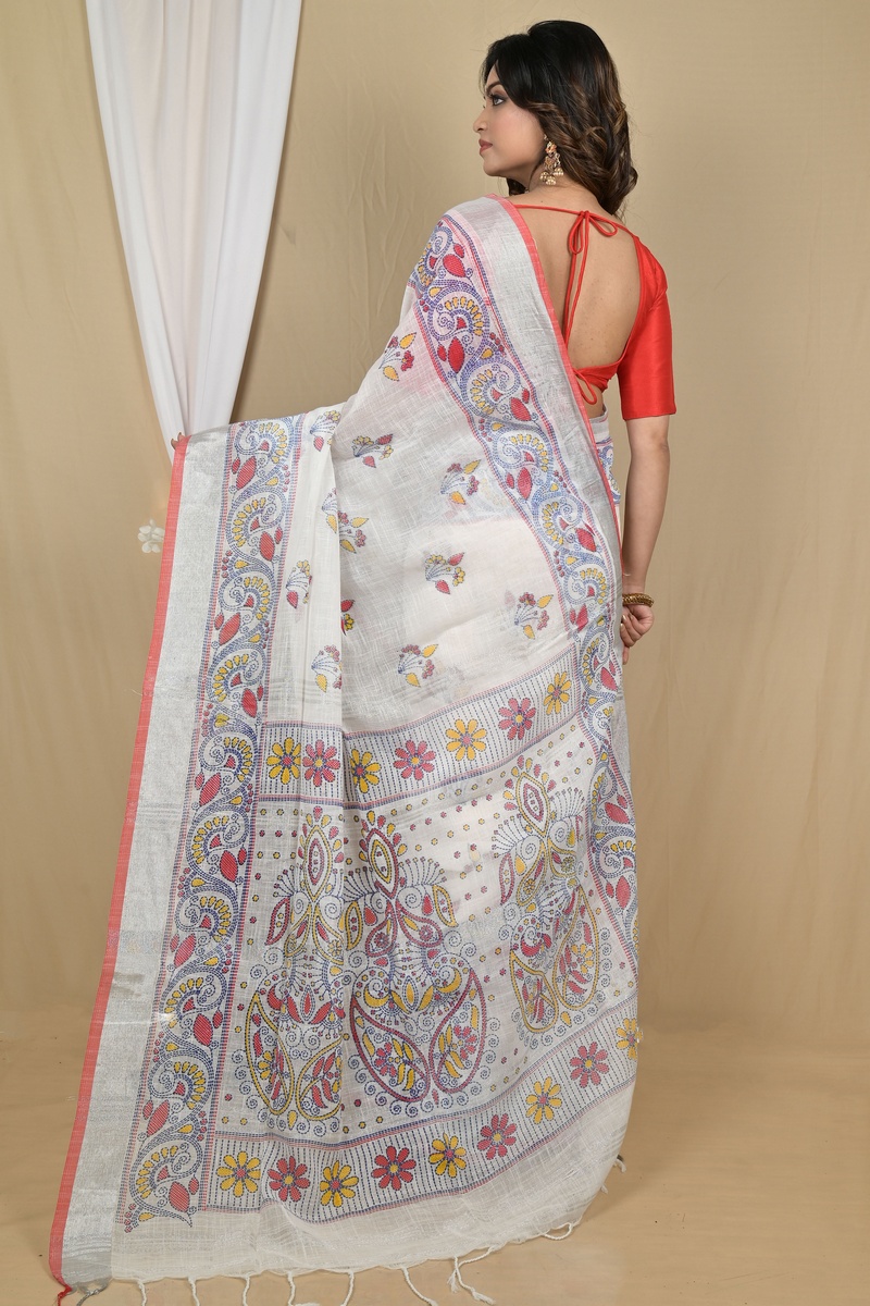 White Red Pure Cotton Hiral Printed Handloom Saree (2119)