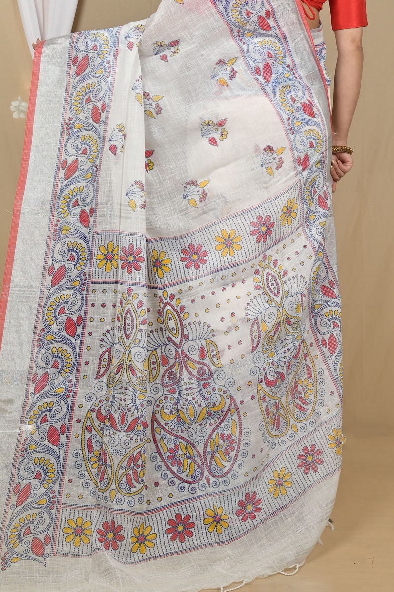 White Red Pure Cotton Hiral Printed Handloom Saree (2119)