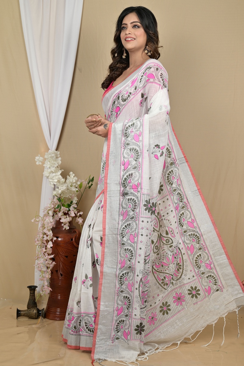 White Pink Pure Cotton Hiral Printed Handloom Saree (2120)