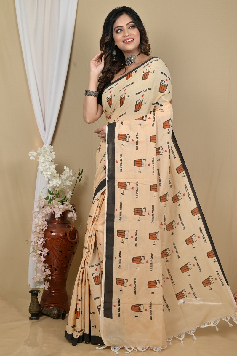 Peach Pure Cotton Pinal Printed Handloom Saree (2135)