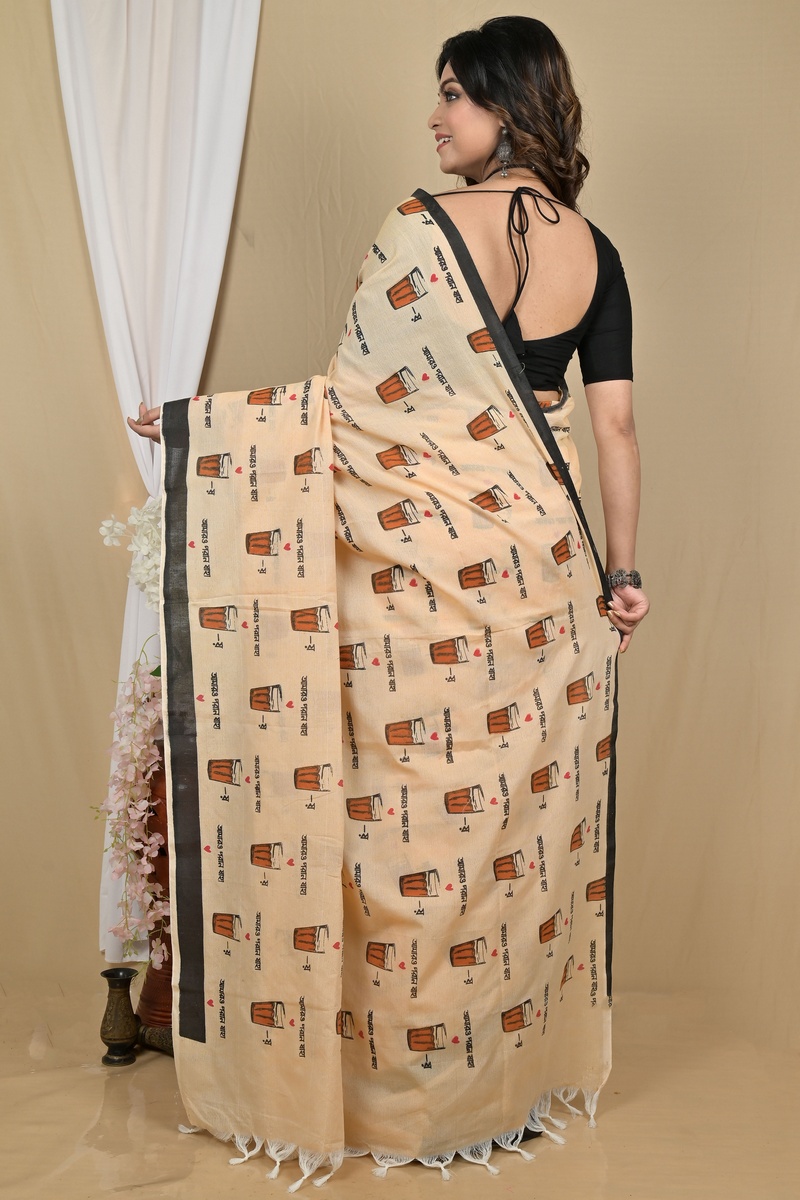 Peach Pure Cotton Pinal Printed Handloom Saree (2135)