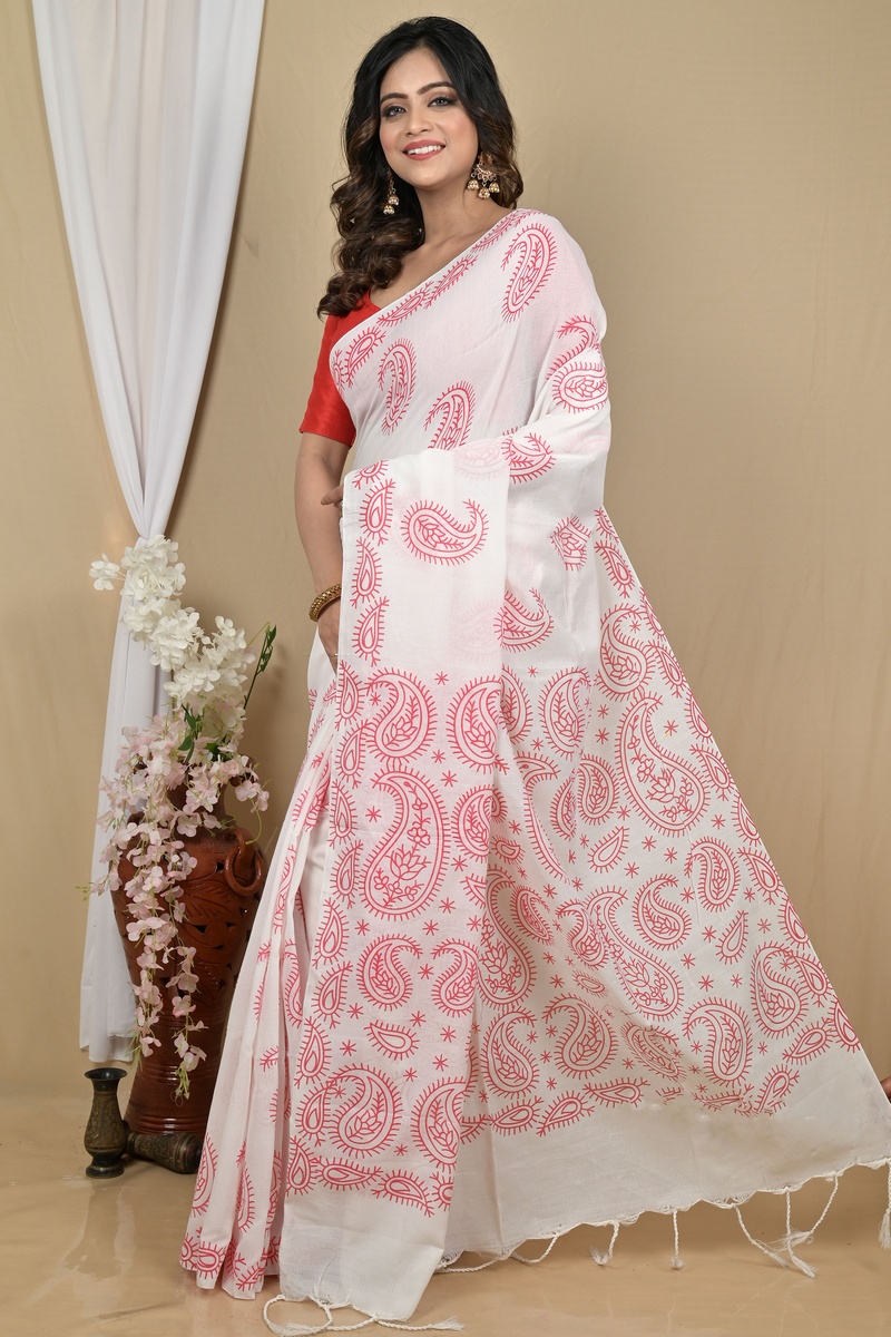 White Red Pure Cotton Pinal Printed Handloom Saree (2137)