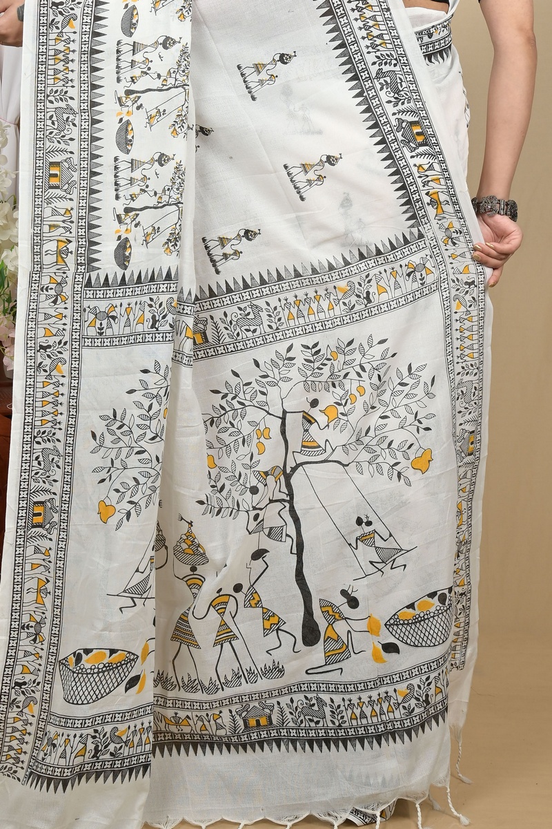 White Pure Cotton Pinal Printed Handloom Saree (2138)