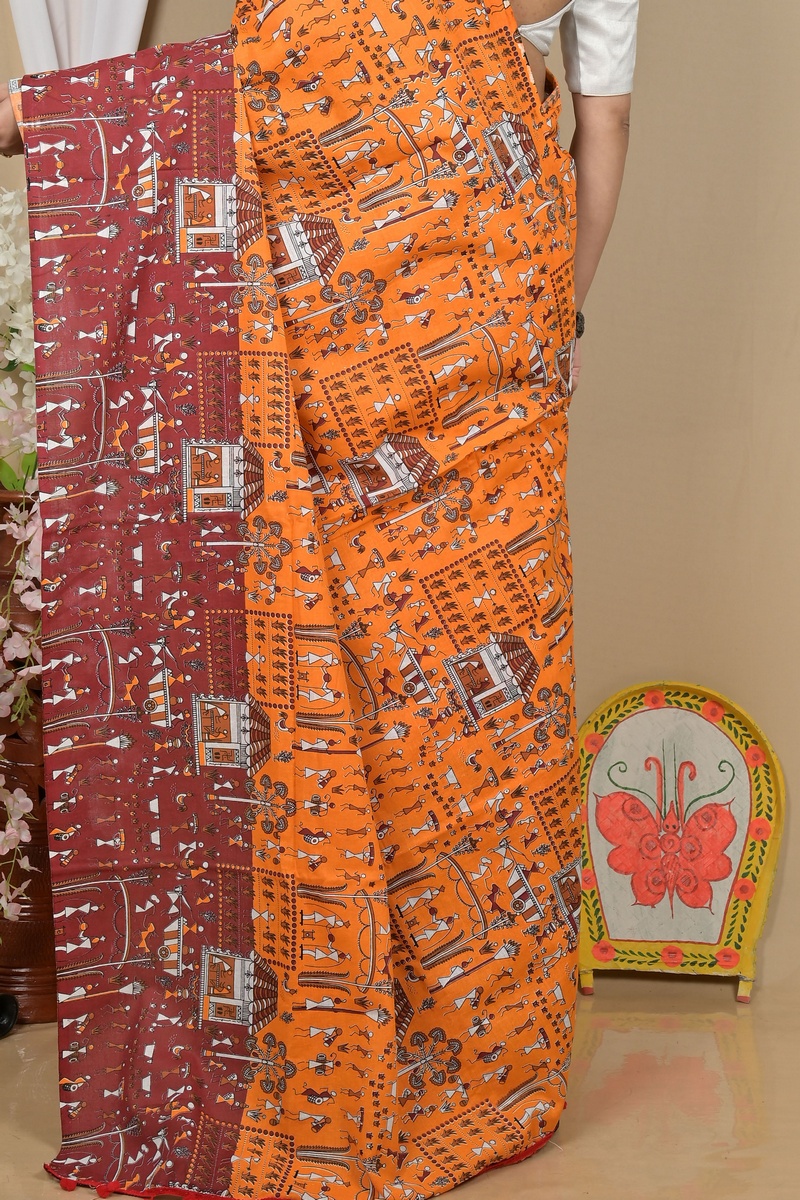 Yellow Brown Pure Cotton Giana Kalamkari Printed Saree (2153)