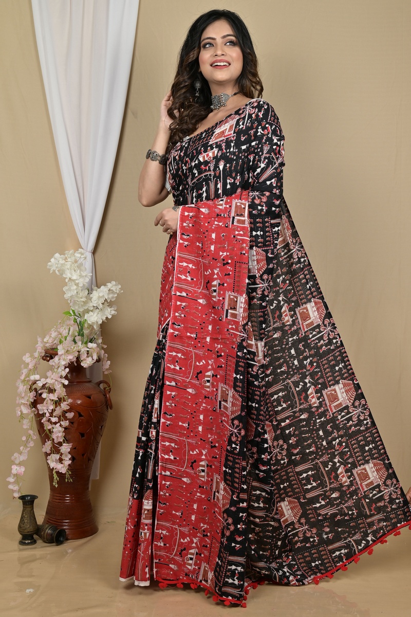 Black Red Pure Cotton Giana Kalamkari Printed Saree (2155)