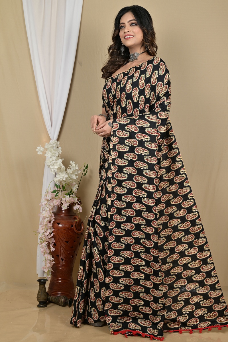 Black Pure Cotton Giana Kalamkari Printed Saree (2156)