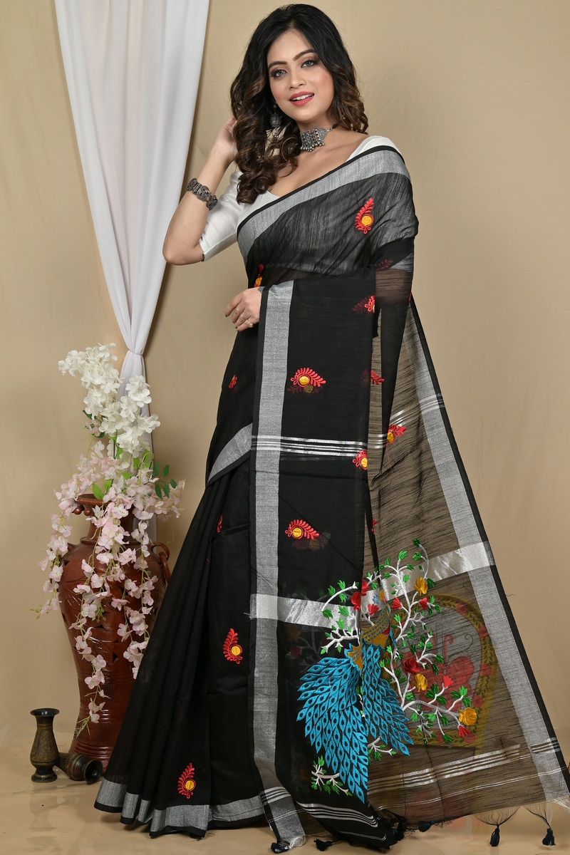 Black Blended Cotton Gijaa Embroidery Handloom saree (2161)
