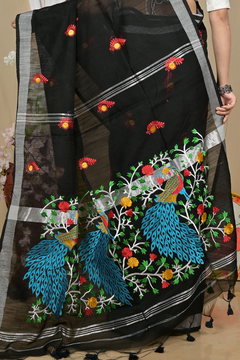 Black Blended Cotton Gijaa Embroidery Handloom saree (2161)