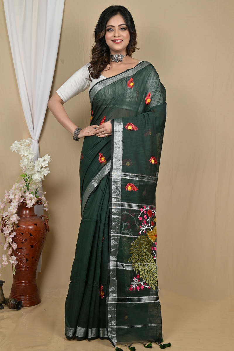 Dark Green Blended Cotton Gijaa Embroidery Handloom saree (2162)
