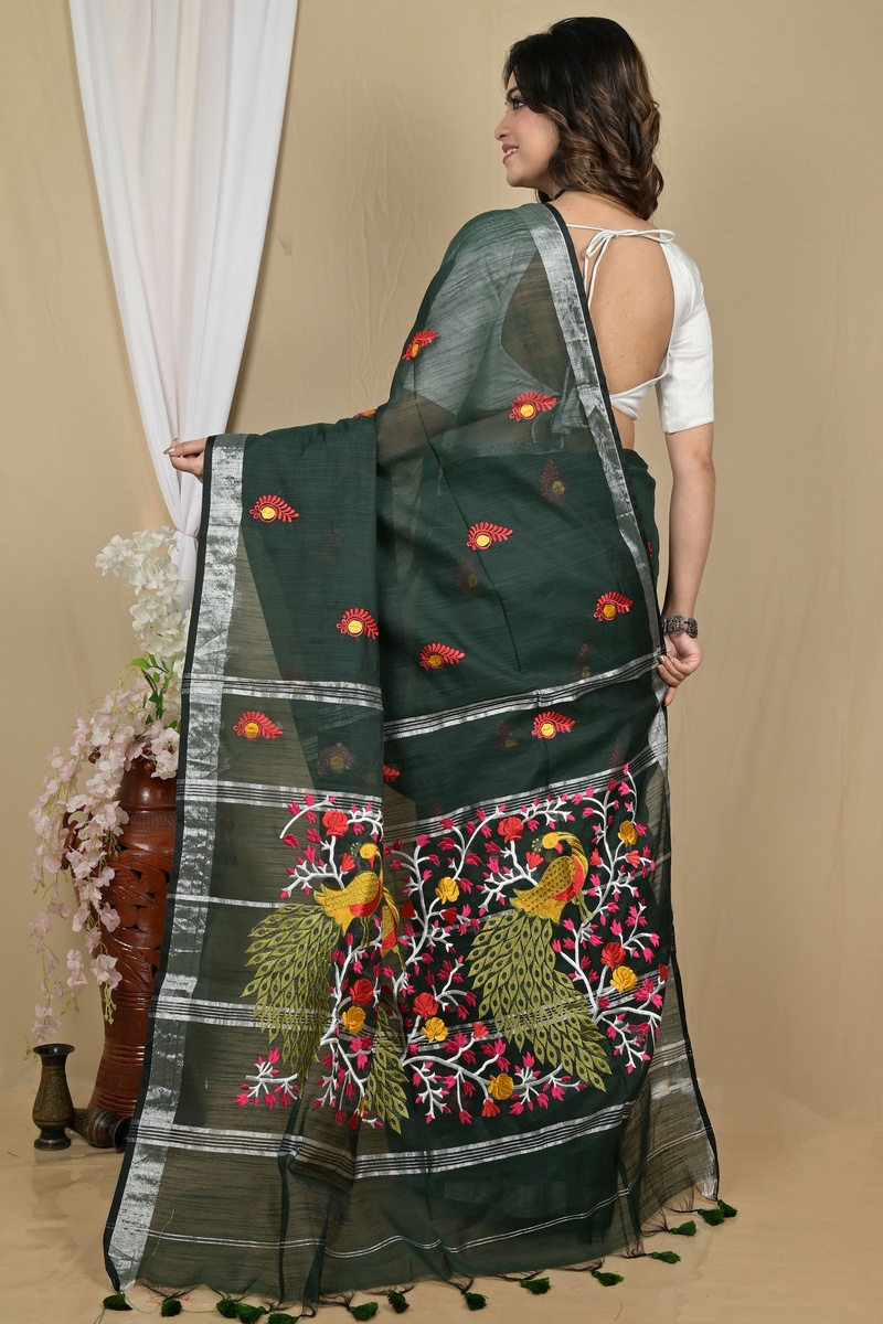 Dark Green Blended Cotton Gijaa Embroidery Handloom saree (2162)