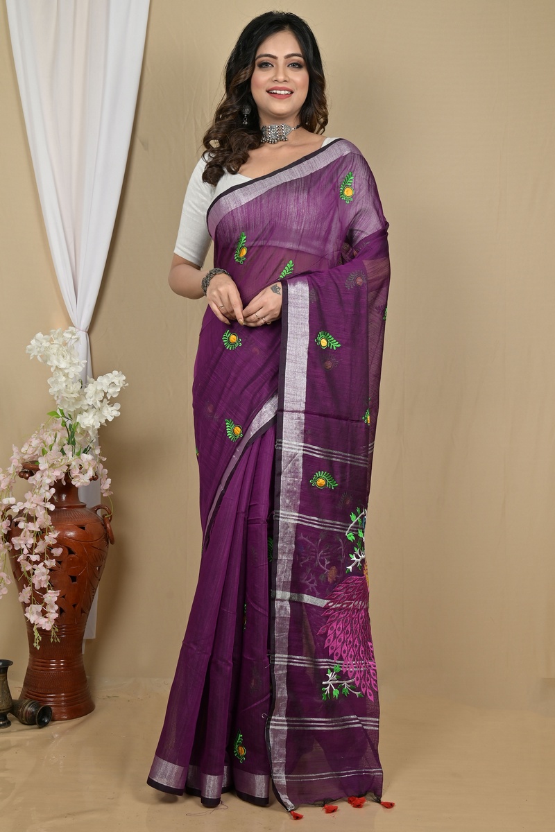 Purple Blended Cotton Gijaa Embroidery Handloom saree (2163)
