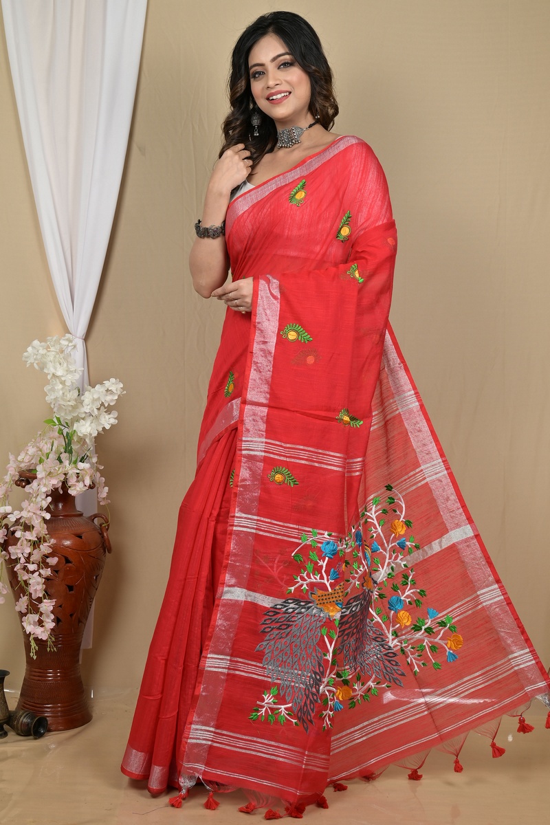 Red Blended Cotton Gijaa Embroidery Handloom saree (2164)