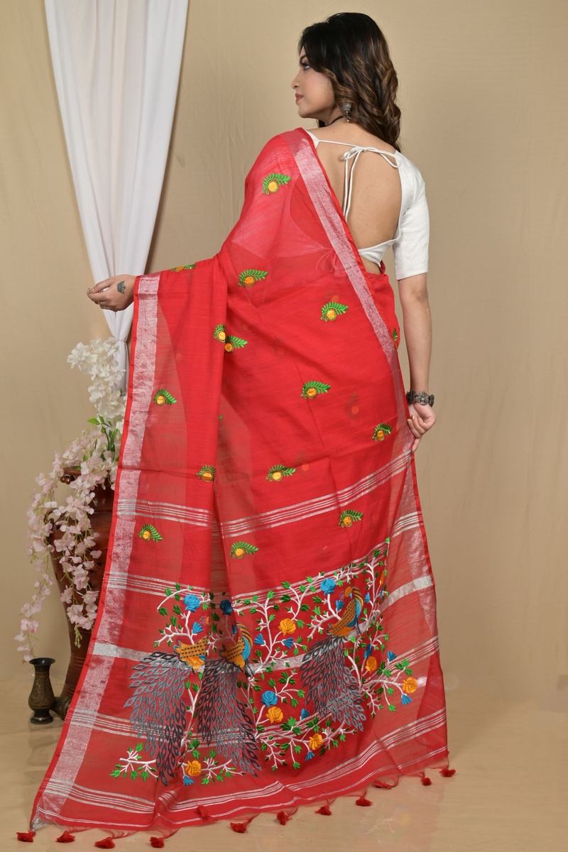 Red Blended Cotton Gijaa Embroidery Handloom saree (2164)