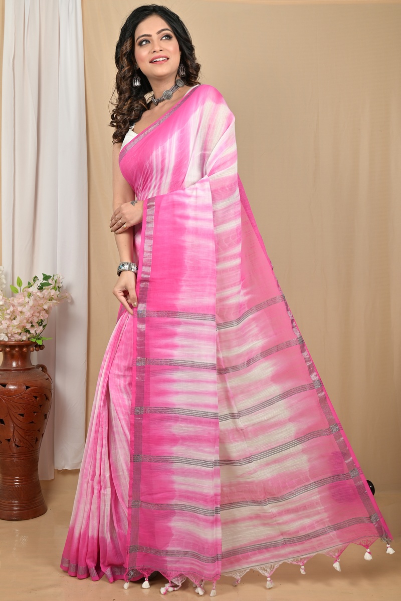 Pink White Pure Cotton Achmol Badhni Dye Saree (2228)