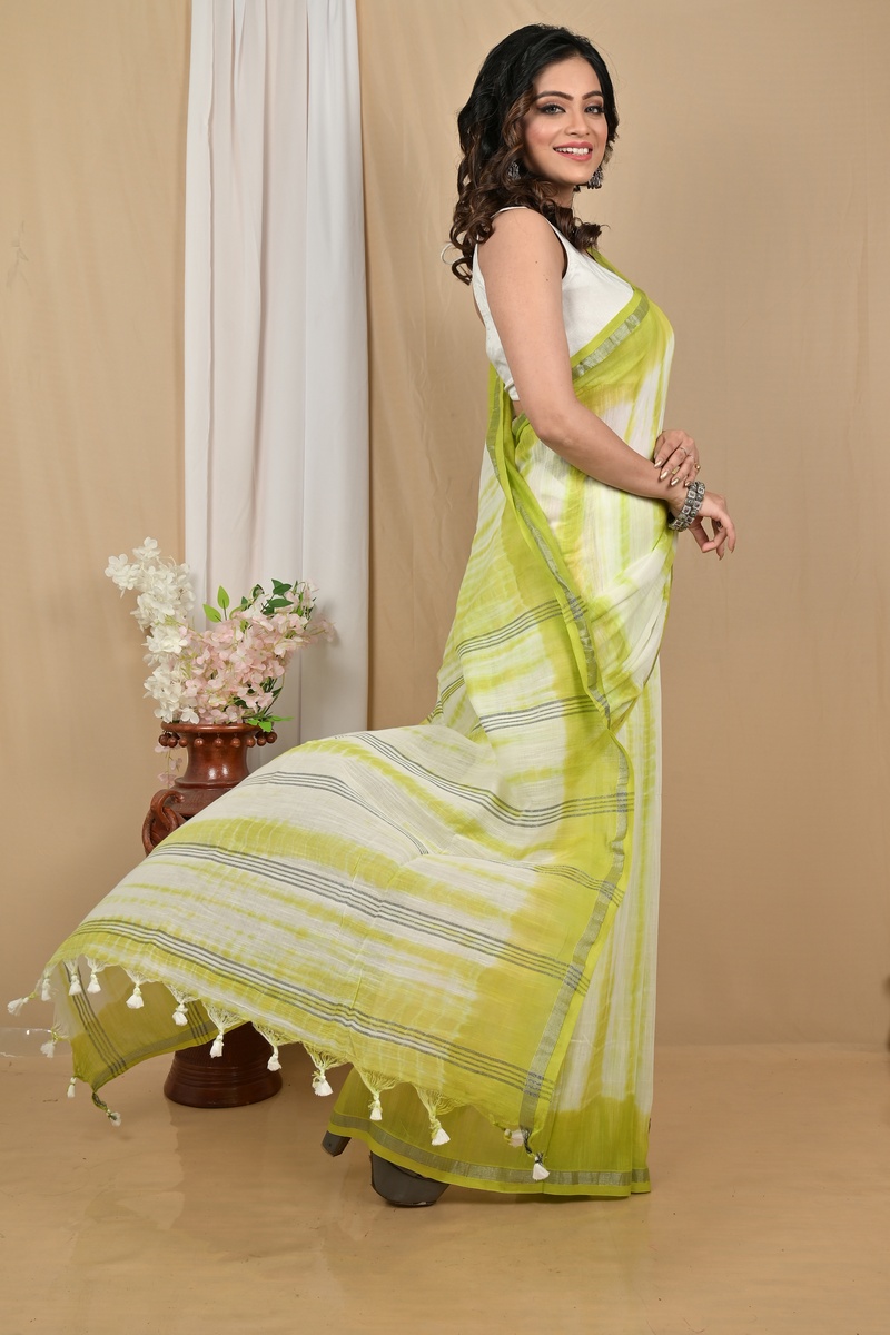 Green White Pure Cotton Achmol Badhni Dye Saree (2229)