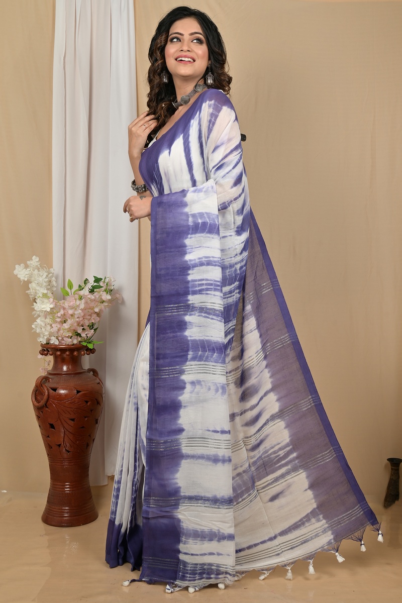 Lavender White Pure Cotton Achmol Badhni Dye Saree (2233)