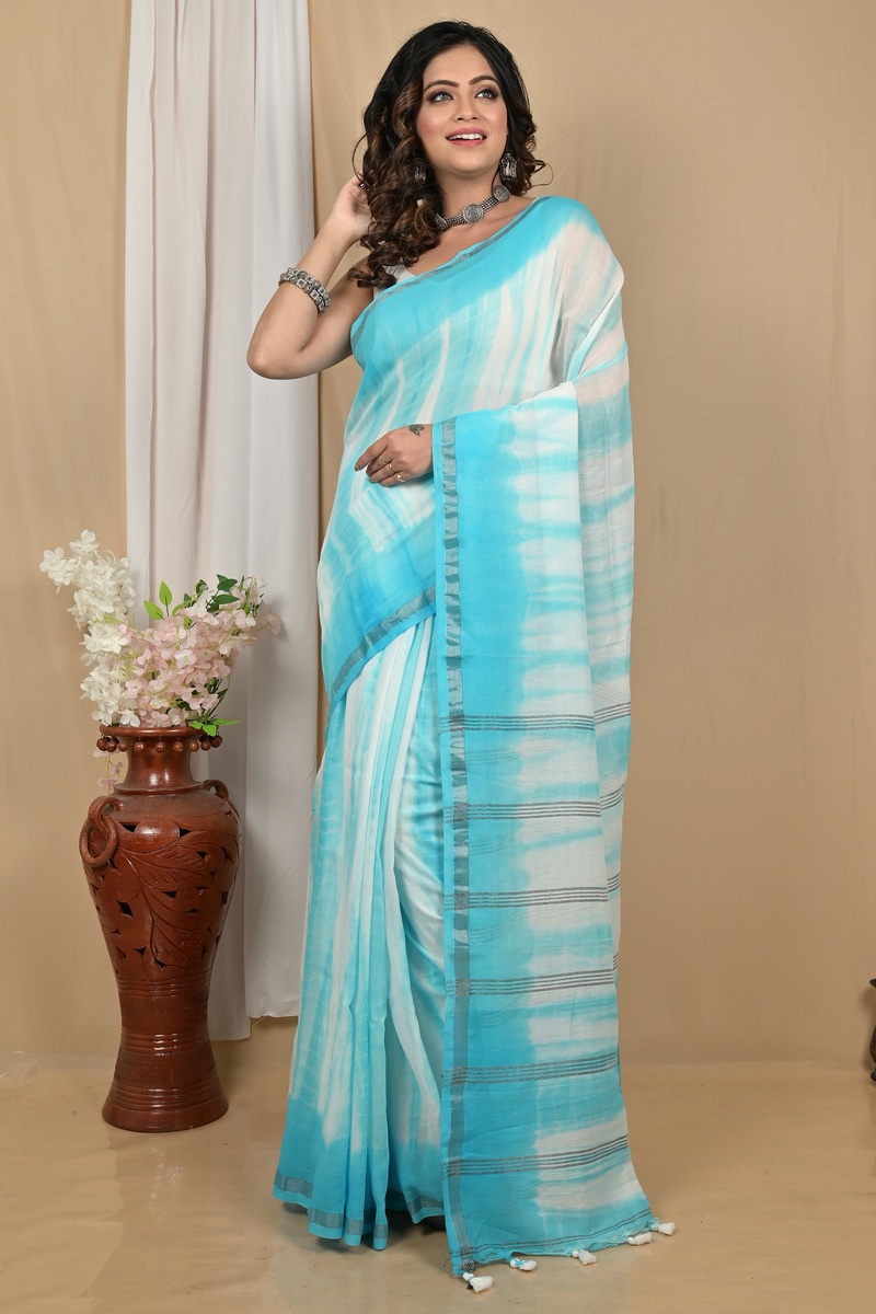 Sky White Pure Cotton Achmol Badhni Dye Saree (2235)