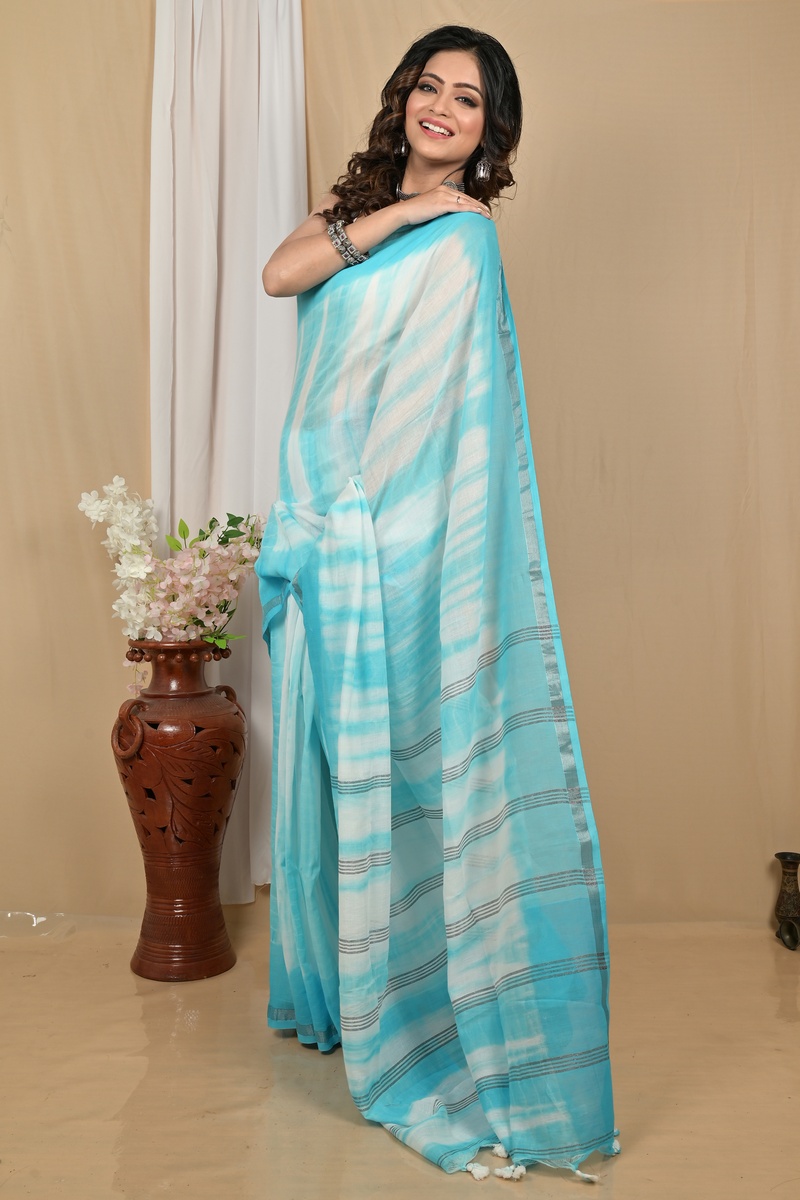 Sky White Pure Cotton Achmol Badhni Dye Saree (2235)