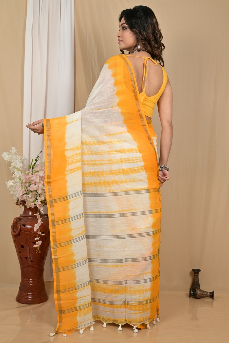 Yellow White Pure Cotton Achmol Badhni Dye Saree (2238)