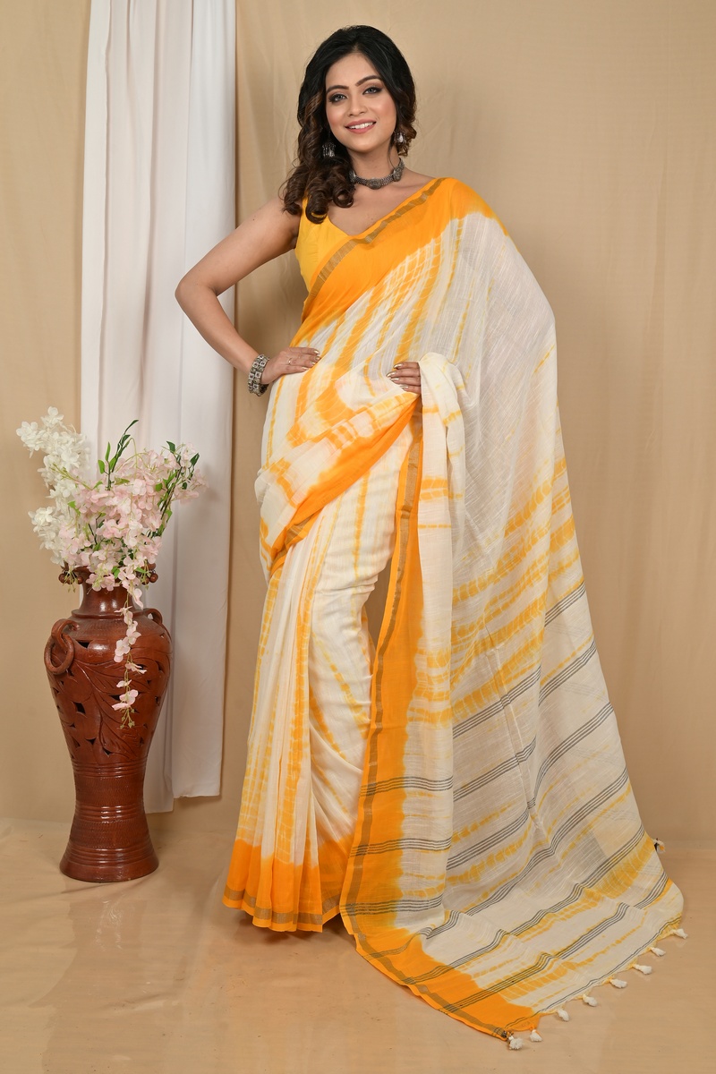Yellow White Pure Cotton Achmol Badhni Dye Saree (2238)