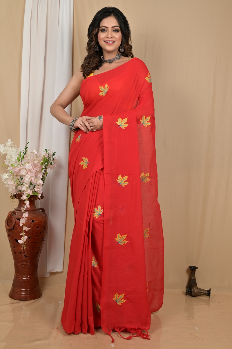 Red Pure Cotton Achrun Embroidery Handloom saree (2240)