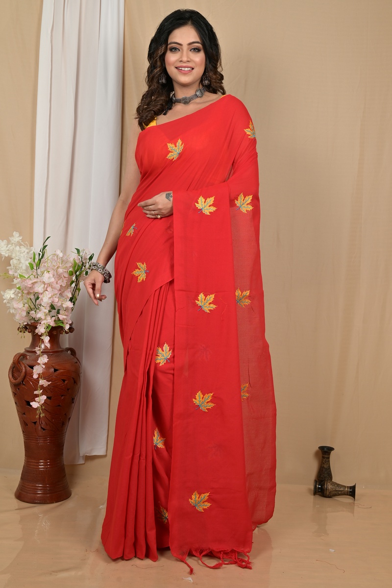 Red Pure Cotton Achrun Embroidery Handloom saree (2240)