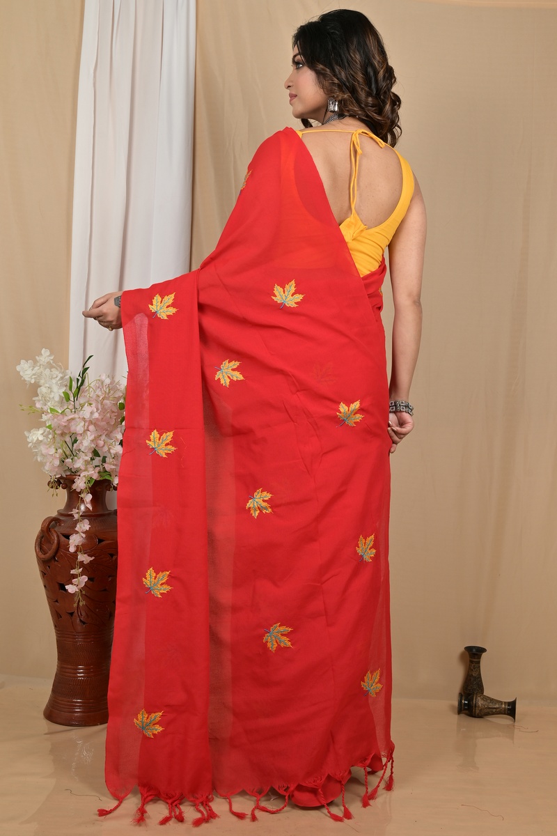 Red Pure Cotton Achrun Embroidery Handloom saree (2240)