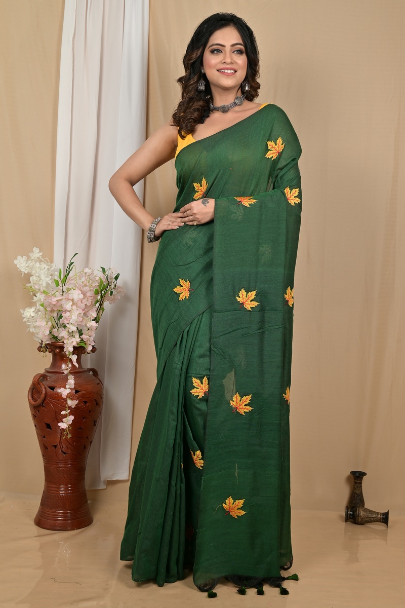 Dark Green Pure Cotton Achrun Embroidery Handloom saree (2241)