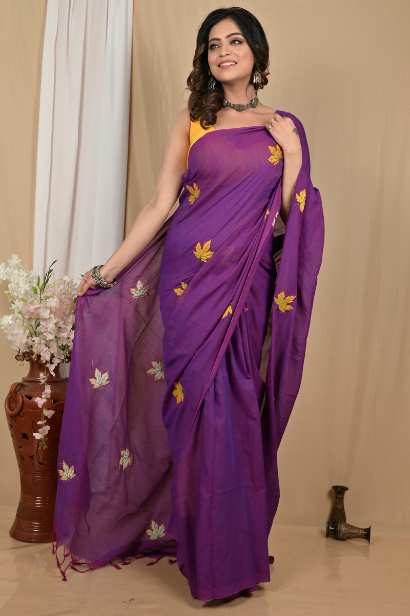 Dark Purpel Pure Cotton Achrun Embroidery Handloom saree (2242)