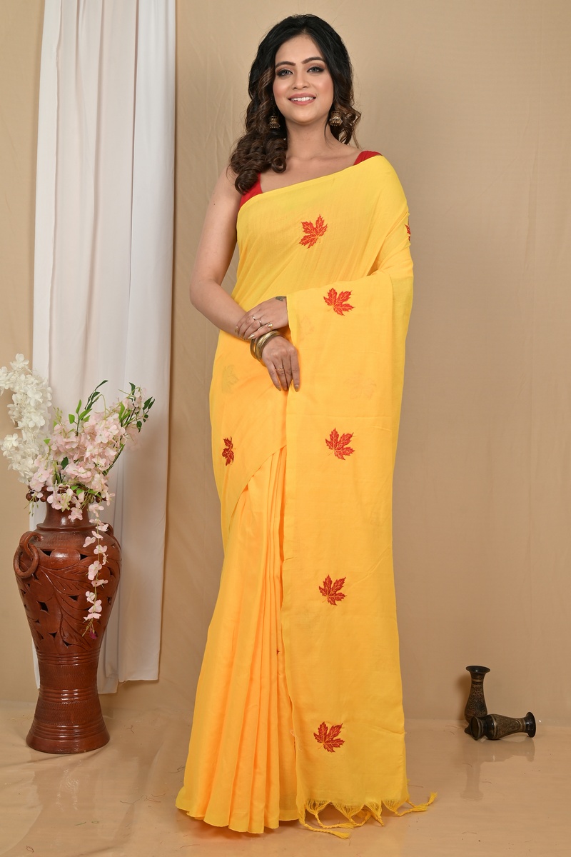 Yellow Pure Cotton Achrun Embroidery Handloom saree (2245)