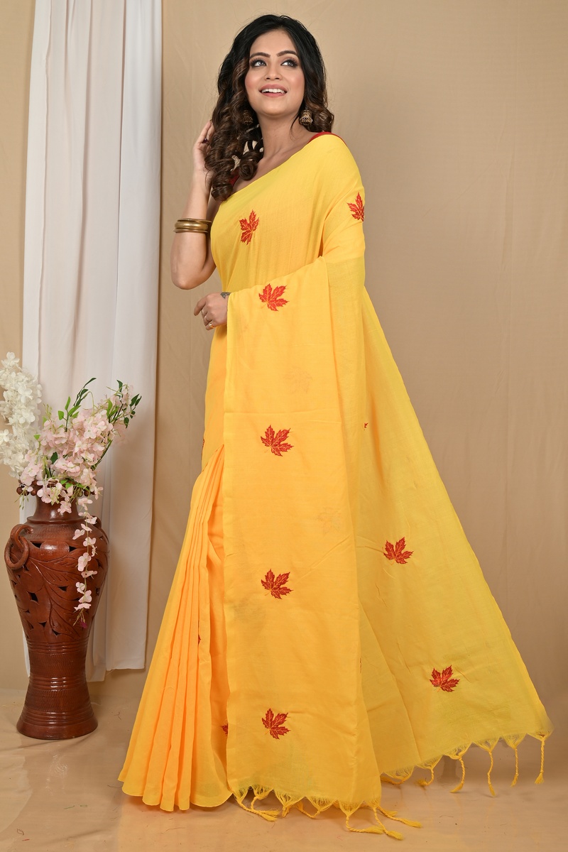 Yellow Pure Cotton Achrun Embroidery Handloom saree (2245)