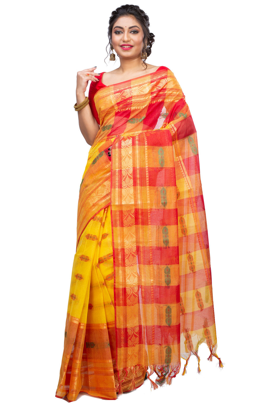 Yellow Red Pure Cotton Raj Nandi Desigine Tant Saree (2808)