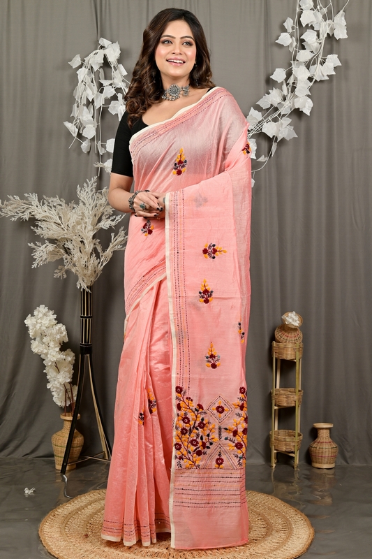 Baby Pink Cotton Blend Dayki Kantha Stitch Saree (2945)