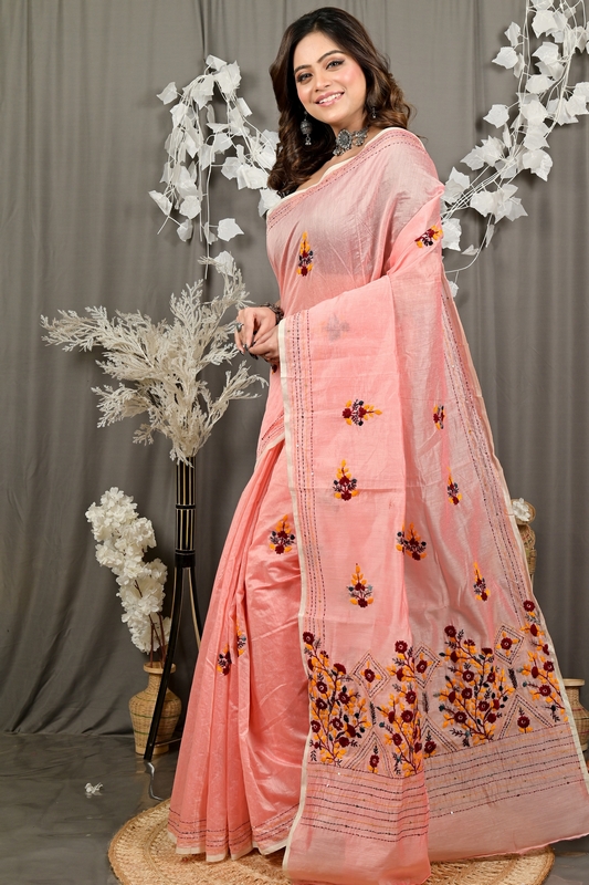 Baby Pink Cotton Blend Dayki Kantha Stitch Saree (2945)