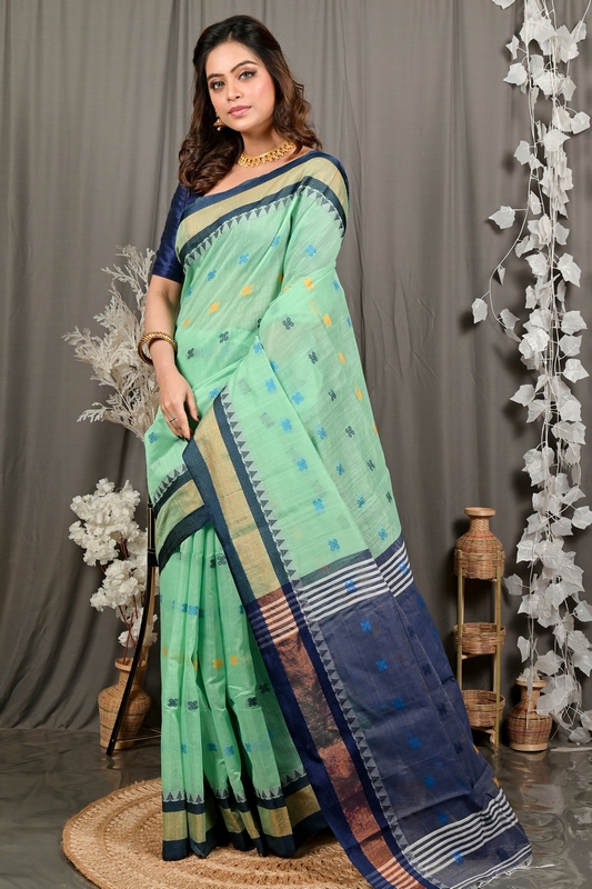 See Green Blue. Pure Cotton Debasi Hand Loom Saree (2946)