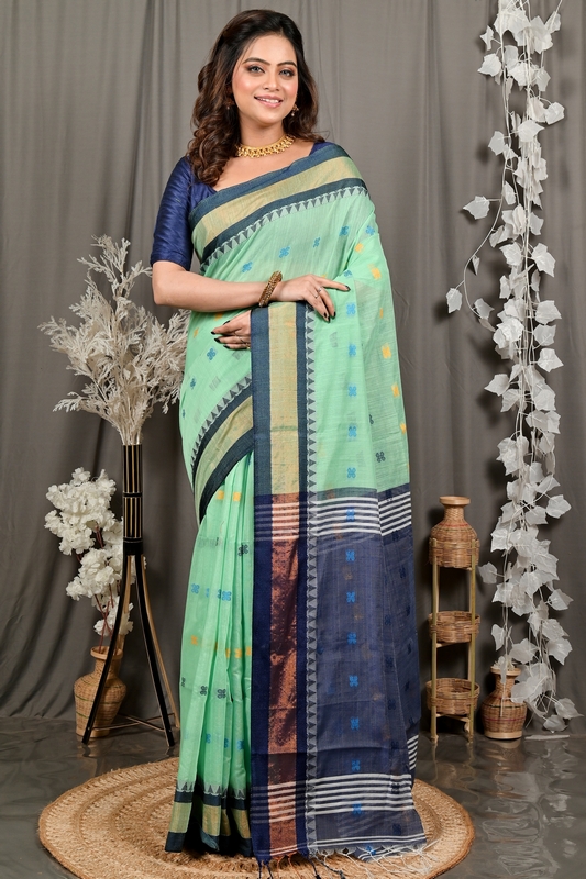 See Green Blue. Pure Cotton Debasi Hand Loom Saree (2946)