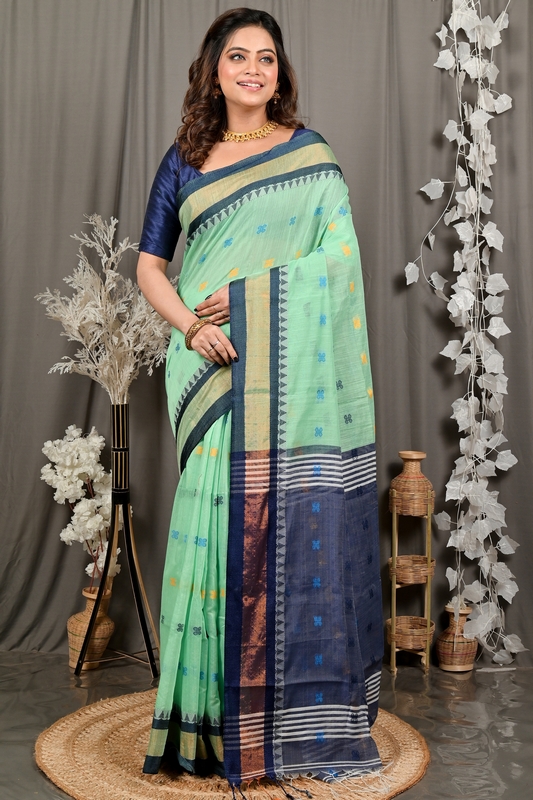 See Green Blue. Pure Cotton Debasi Hand Loom Saree (2946)