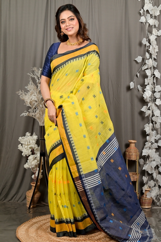 Yellow Blue Pure Cotton Debasi Hand Loom Saree (2947)