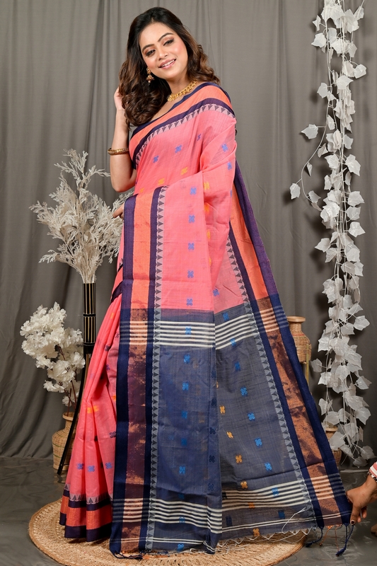 Rani Pink Blue Pure Cotton Debasi Hand Loom Saree (2948)