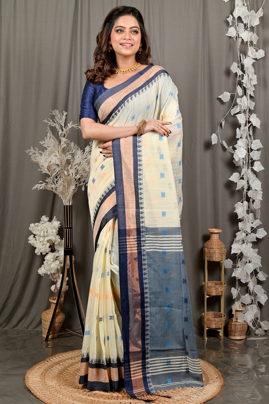 Off White Blue Pure Cotton Debasi Hand Loom Saree (2949)