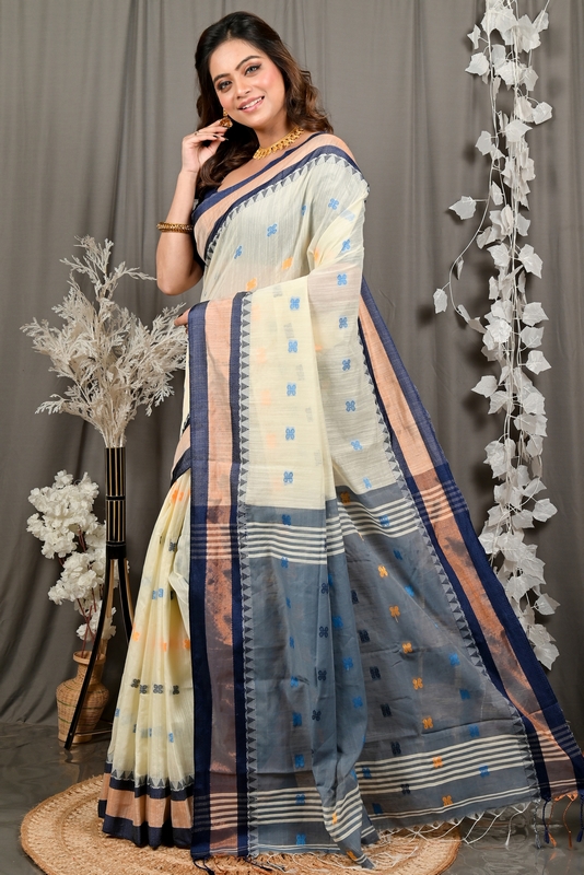 Off White Blue Pure Cotton Debasi Hand Loom Saree (2949)