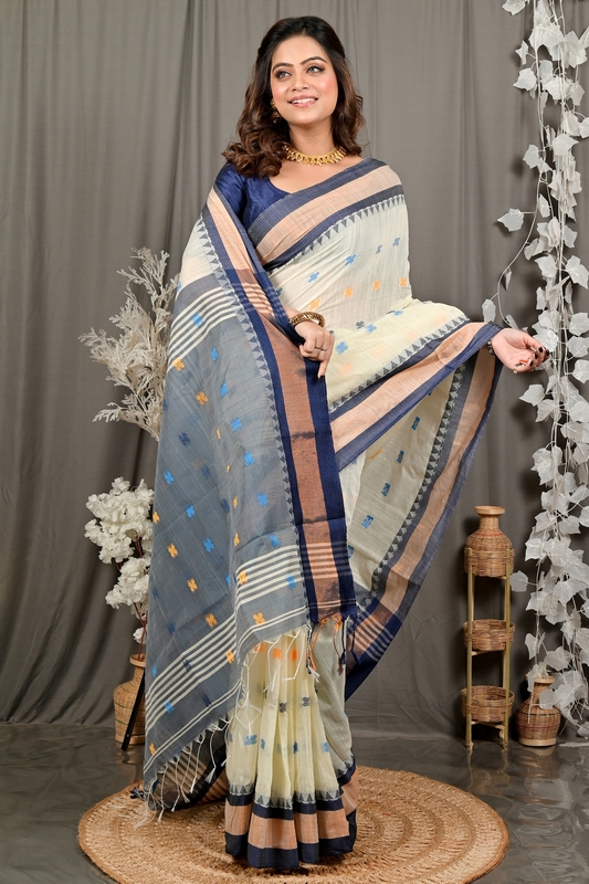 Off White Blue Pure Cotton Debasi Hand Loom Saree (2949)