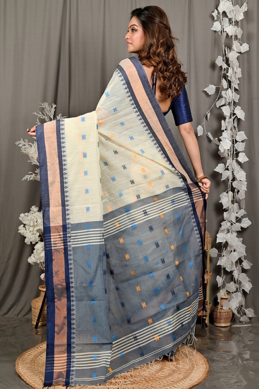 Off White Blue Pure Cotton Debasi Hand Loom Saree (2949)