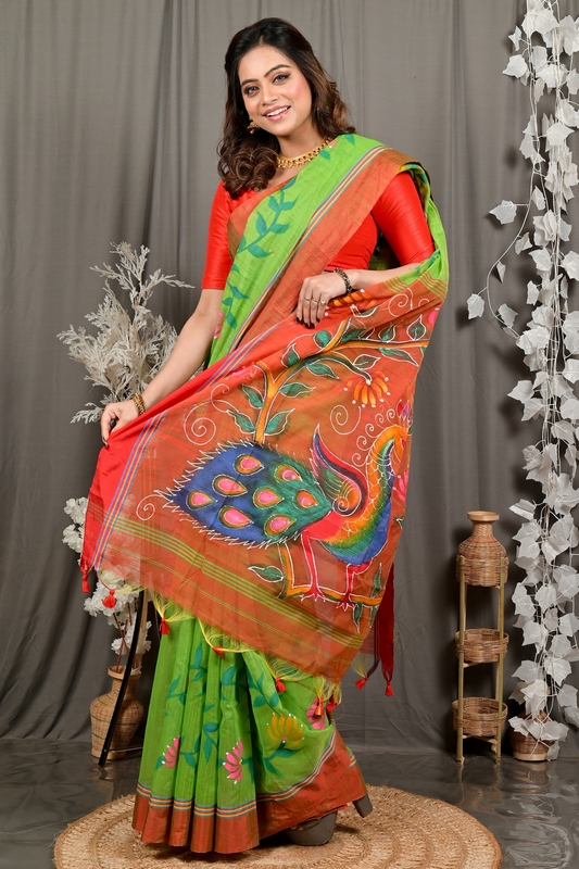 Green Red Cotton Blend Deepsi Hand Painted Saree (2955)