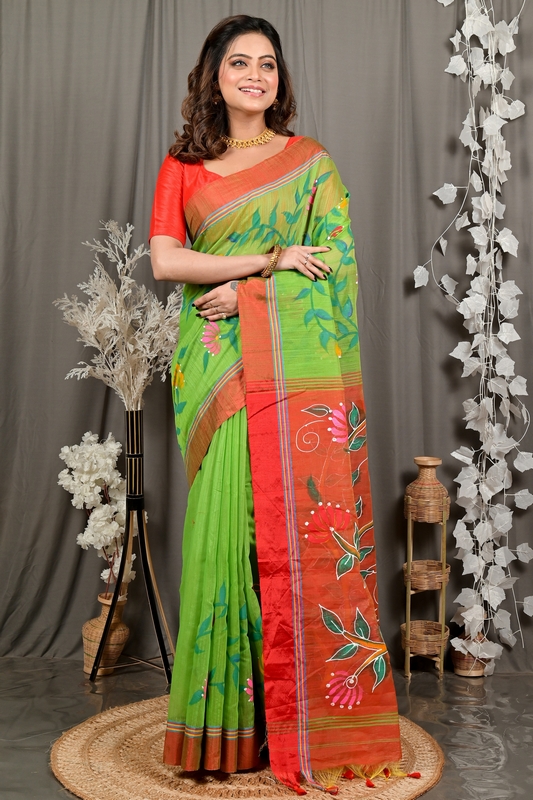 Green Red Cotton Blend Deepsi Hand Painted Saree (2955)