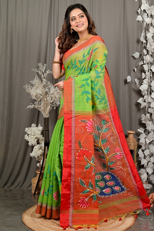 Green Red Cotton Blend Deepsi Hand Painted Saree (2955)
